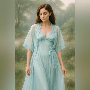 JCPenney Vintage Blue Nylon Nightgown & Robe Set M 12-14 Lace Sheer Peignoir 2pc